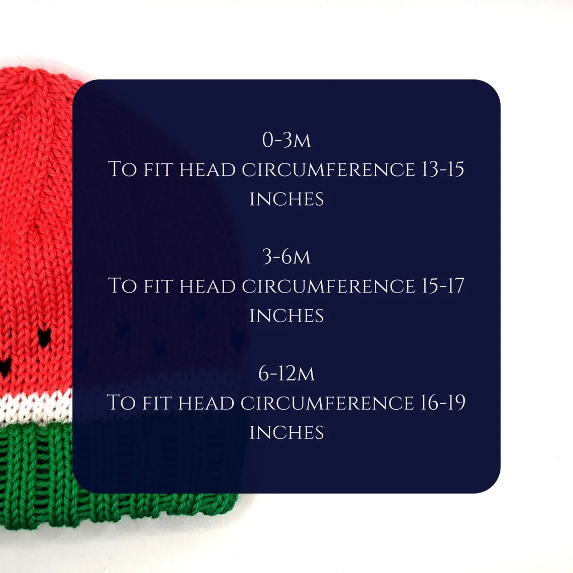 A size guide graphic for a knit beanie, showing three size categories with head circumference measurements in inches, overlaid on a dark navy blue rounded rectangle. Part of a red, white, and green striped knit beanie is visible on the left side against a white background.